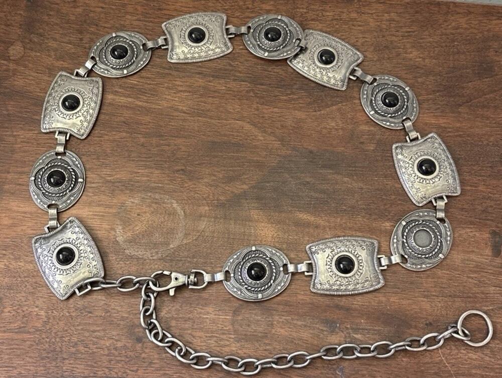 Vintage Silver Tone Concho Belt Black “Stone” Inlay Adjustable Chain Boho *Flaw